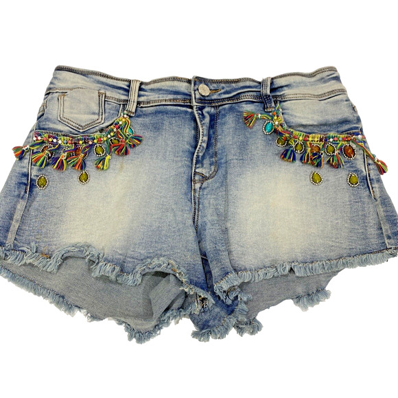 Chelsea & Violet Distressed Denim Shorts Size 29 Fringed Cut Off Beads Tassels - Picture 1 of 10
